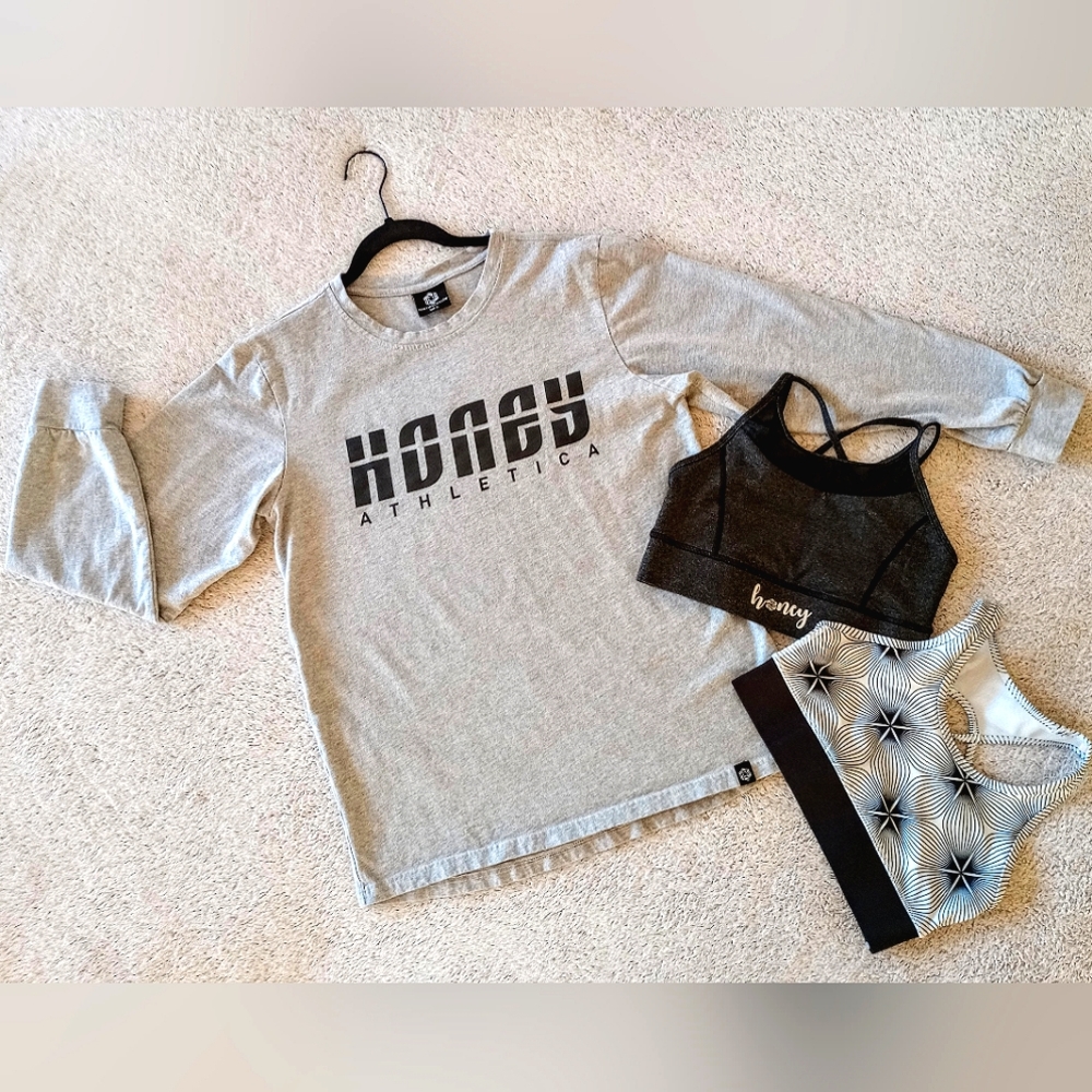 Honey Athletica Classic long sleeve tee with sports bras bundle, size Medium
